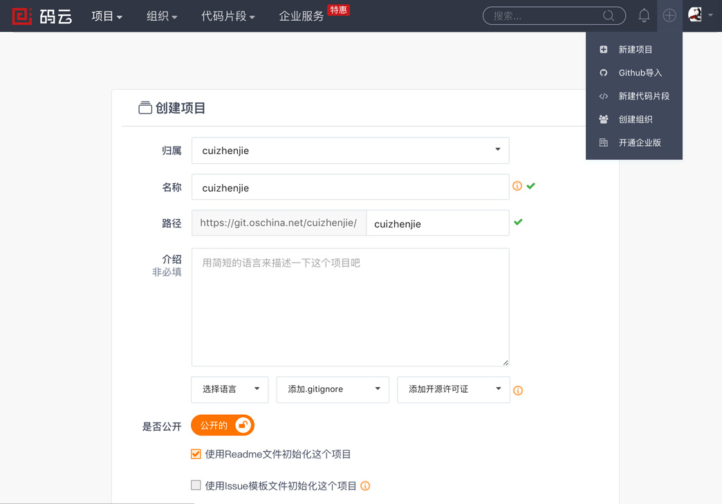 码云平台下新建项目